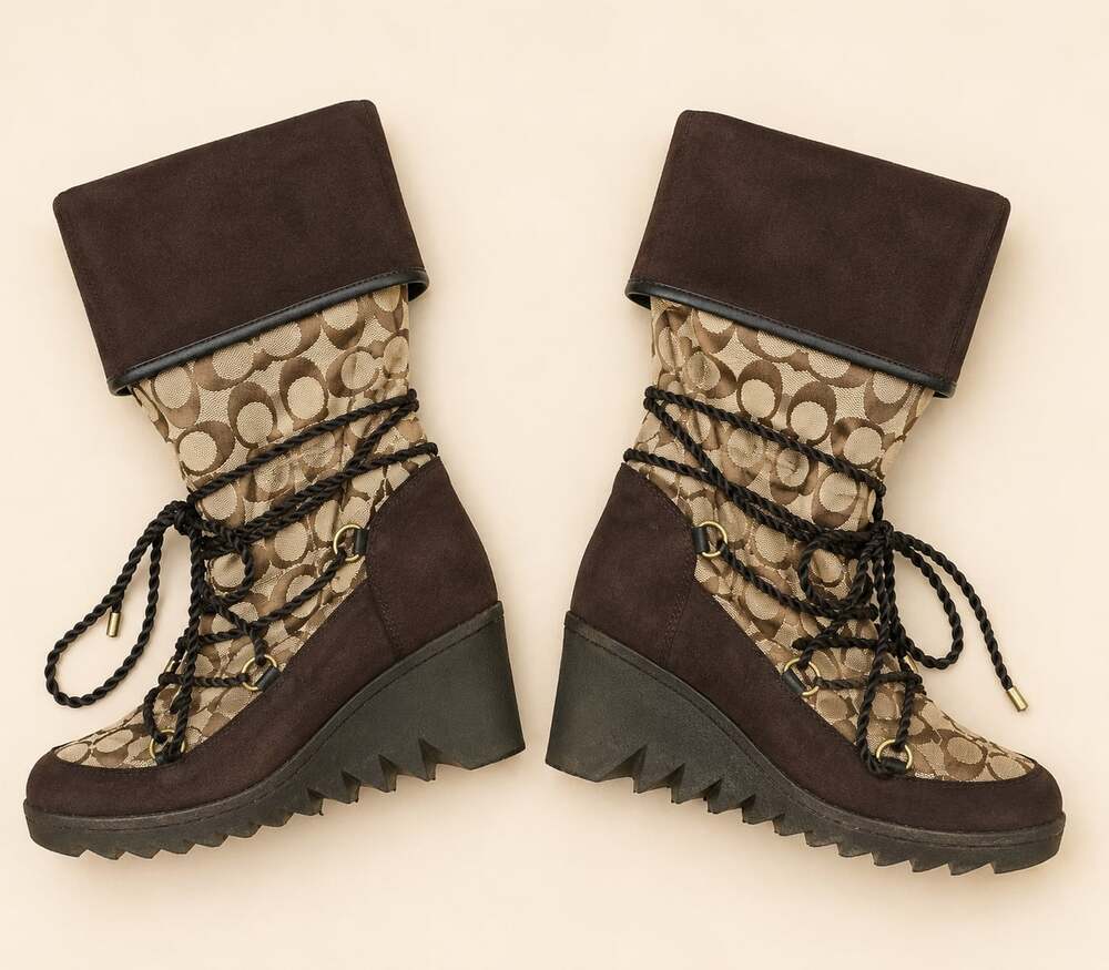 Vtg Coach Signature C Brown Suede Wedge Lace Up Boots Y2K Boho